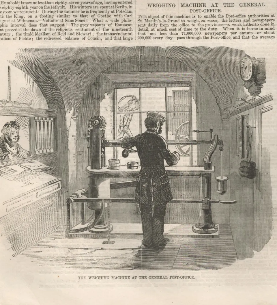 1856 Antique  Newspaper Victorian Post-Office Mail  Weighing Machine Van.