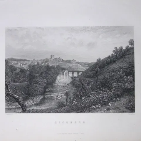 Yorkshire View of Richmond 1875 Victorian Antique 150 Years-Old Engraving-2