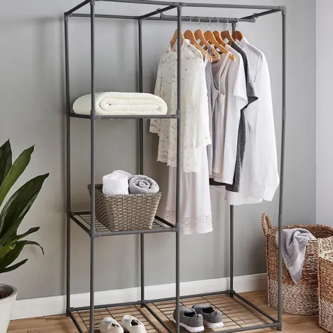 (118/Mez/P16) RRP £59. Metal Wardrobe with 3 Shelves Grey. Made From Powder Coated Steel Tubes. Fea