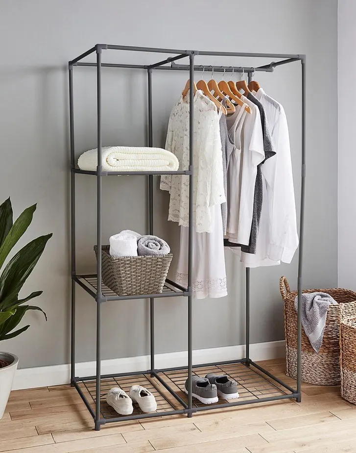 (118/Mez/P16) RRP £59. Metal Wardrobe with 3 Shelves Grey. Made From Powder Coated Steel Tubes. Fea