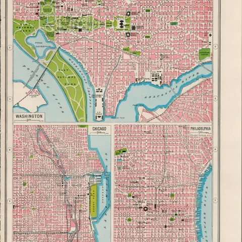 Washington Chicago Philadelphia  Coloured Antique Map-445.