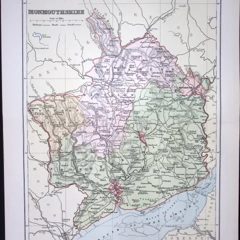 Wales Monmouthshire Detailed 1894 Coloured Antique  130 Years-Old Map.