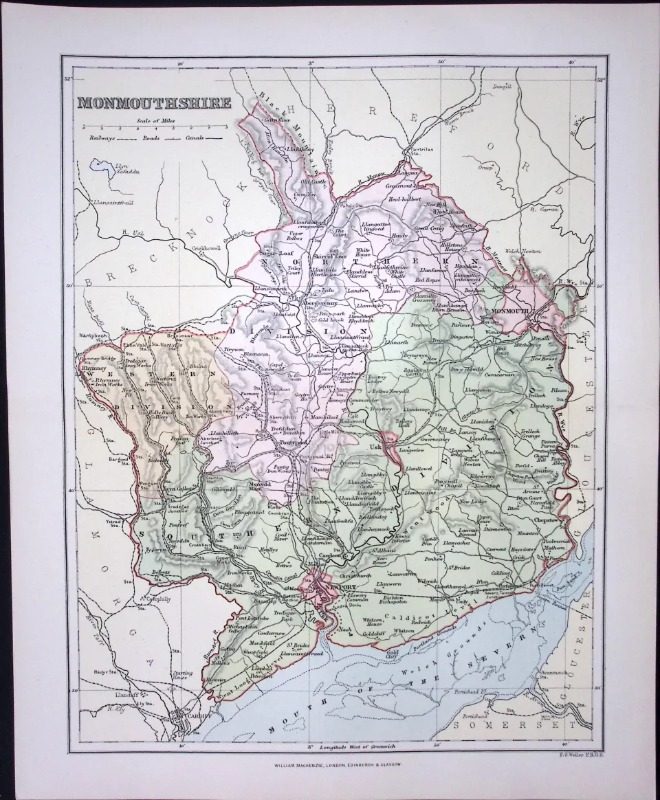 Wales Monmouthshire Detailed 1894 Coloured Antique  130 Years-Old Map.
