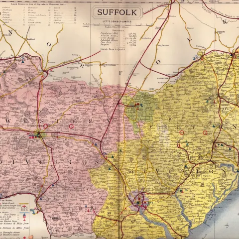 The County of Suffolk Large Victorian Letts 1884 Antique Coloured Map.