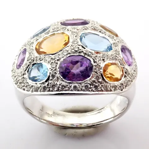 18K White Gold Ring Detailed With Semi Precious Stones and Brilliant Diamonds
