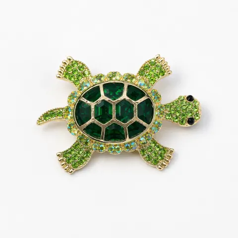 Green Crystal Turtle Brooch – Gold Tone – 5.6cm