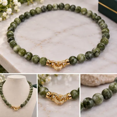 Green Gemstone Beaded Necklace with Gold-Tone Clasp