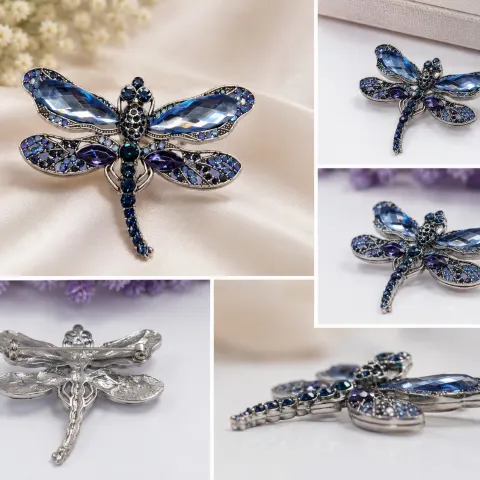 Blue Crystal Dragonfly Brooch – Silver Tone