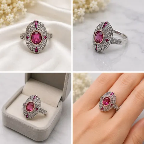 Vintage Style Pink Stone Silver-Tone Statement Ring
