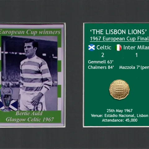 Bertie Auld Celtic FC European Cup Mount & Original Half-Crown Coin Metal Art