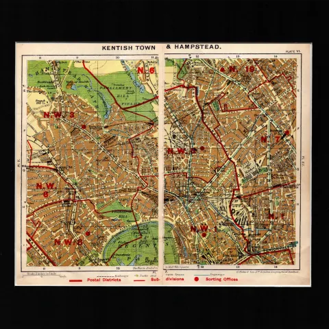 London District Kentish Town & Hampstead Mounted Antique Map.