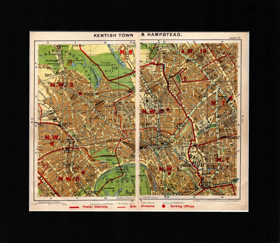 London District Kentish Town & Hampstead Mounted Antique Map.