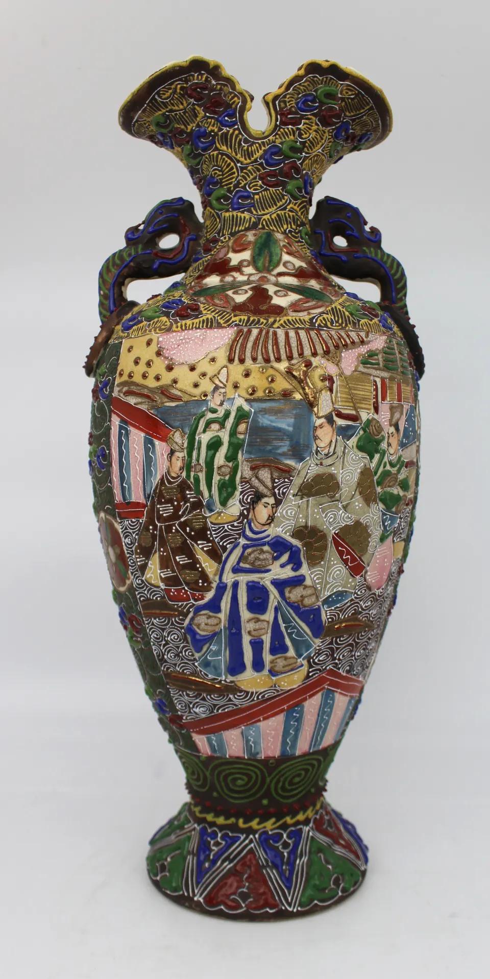 Large Antique Japanese Edo Period Satsuma Moriage Vase Circa 1890