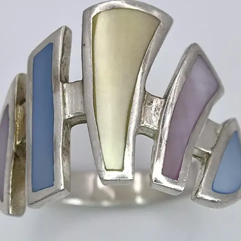 Stunning Vintage Unusual 925 Silver Art Deco Mother of Pearl Set Ring Size P A Stunning Unusual Vin