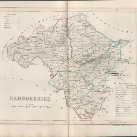 Radnorshire Historic County of Wales 1850 Antique Map.