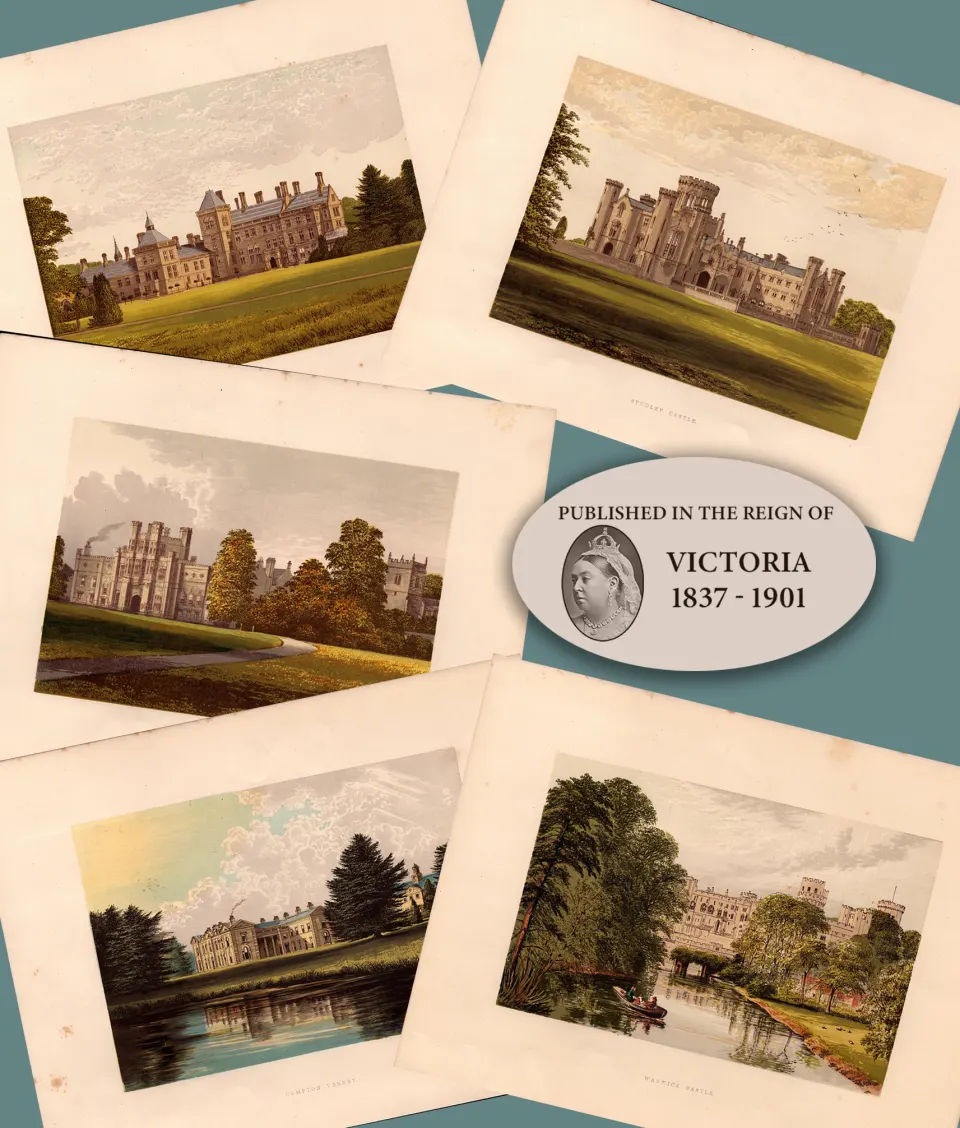 Warwickshire 150 Years-Old Job Lot Gilt-Edge Coloured Victorian Antique Book Plates.