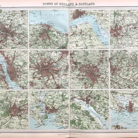 Antique Bartholomew  Large Coloured Map 12 Cities of England and Scotland.