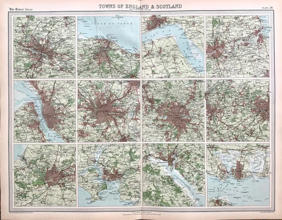 Antique Bartholomew  Large Coloured Map 12 Cities of England and Scotland.