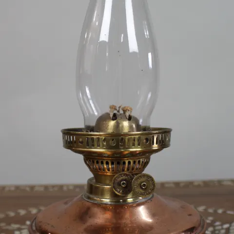Antique English Copper & Brass Oil Lamp – Duplex Burner