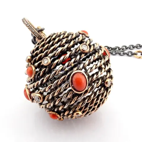 8K Rose Gold Bowl Necklace Detailed With Vibrant Coral, Brilliant Diamonds