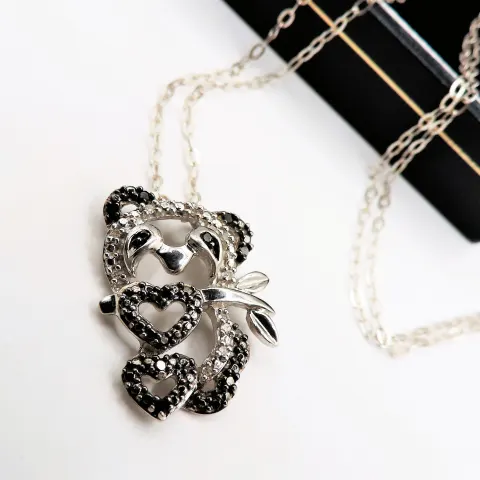 Sterling Silver Black & White Diamond Necklace New With Gift Pouch