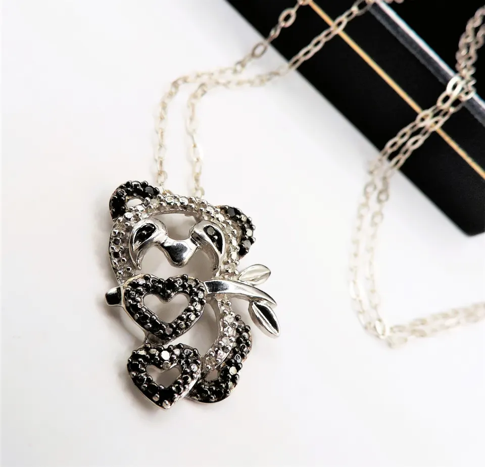 Sterling Silver Black & White Diamond Necklace New With Gift Pouch