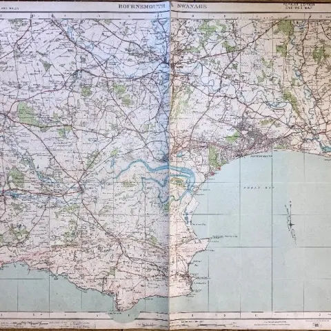 Bournemouth & Swanage, Cloth Backed Antique 1919 Engineering Map.