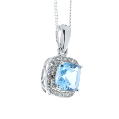 9ct White Gold Blue Topaz And Diamond Pendant (BT1.15) 0.12 Carats