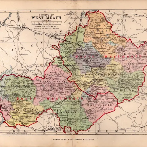 County Of West Meath Ireland Antique Detailed Coloured Victorian Map.