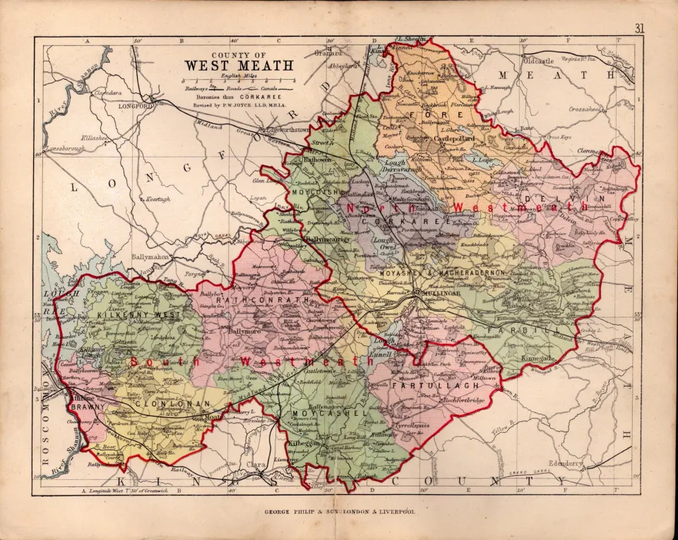 County Of West Meath Ireland Antique Detailed Coloured Victorian Map.