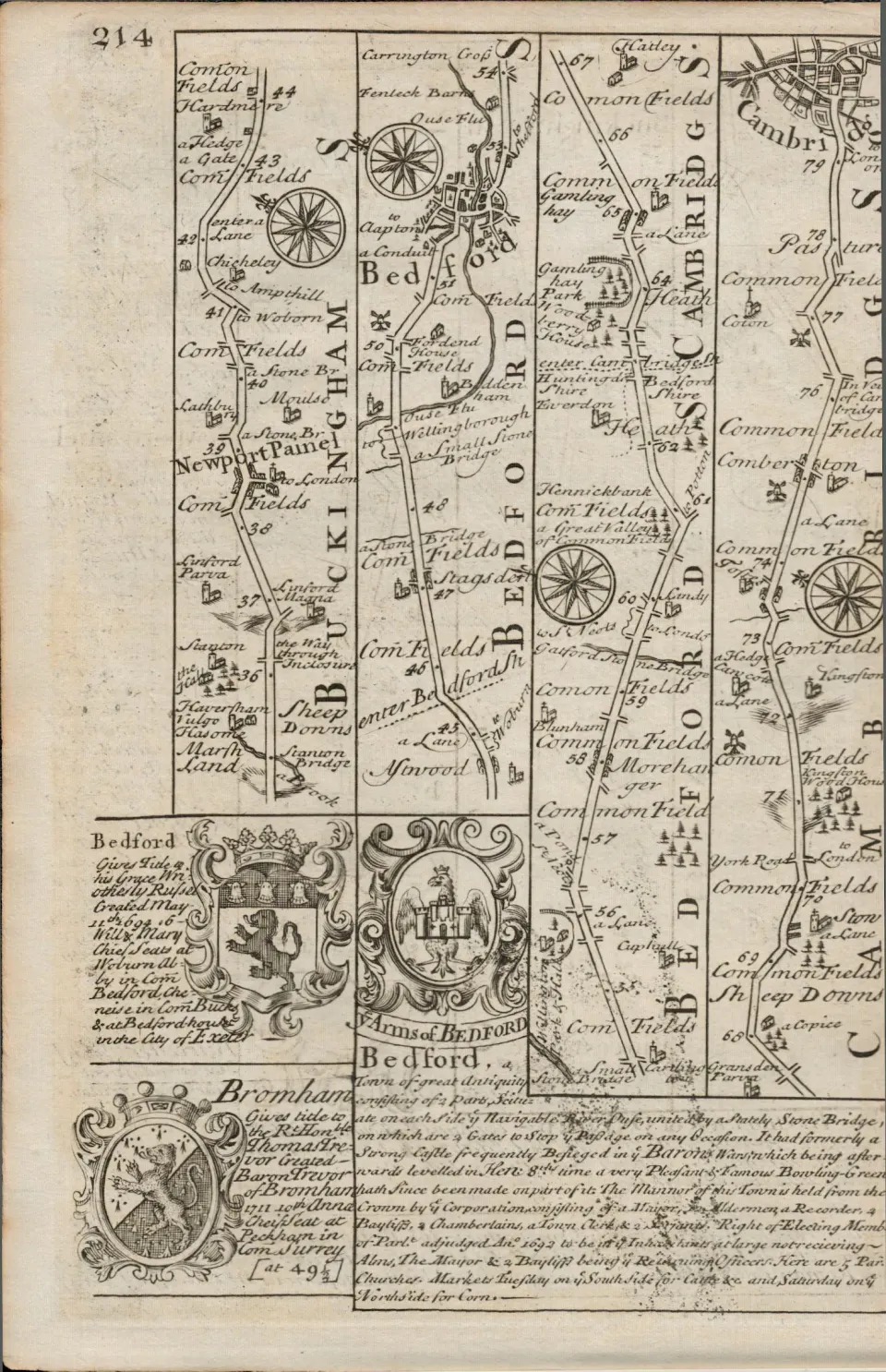 Britannia Depicta E Bowen c1730 Map Oxford Buckingham, Bedford, Cambridge.