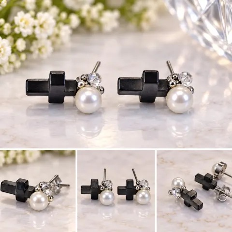 Black Cross & Pearl Stud Earrings