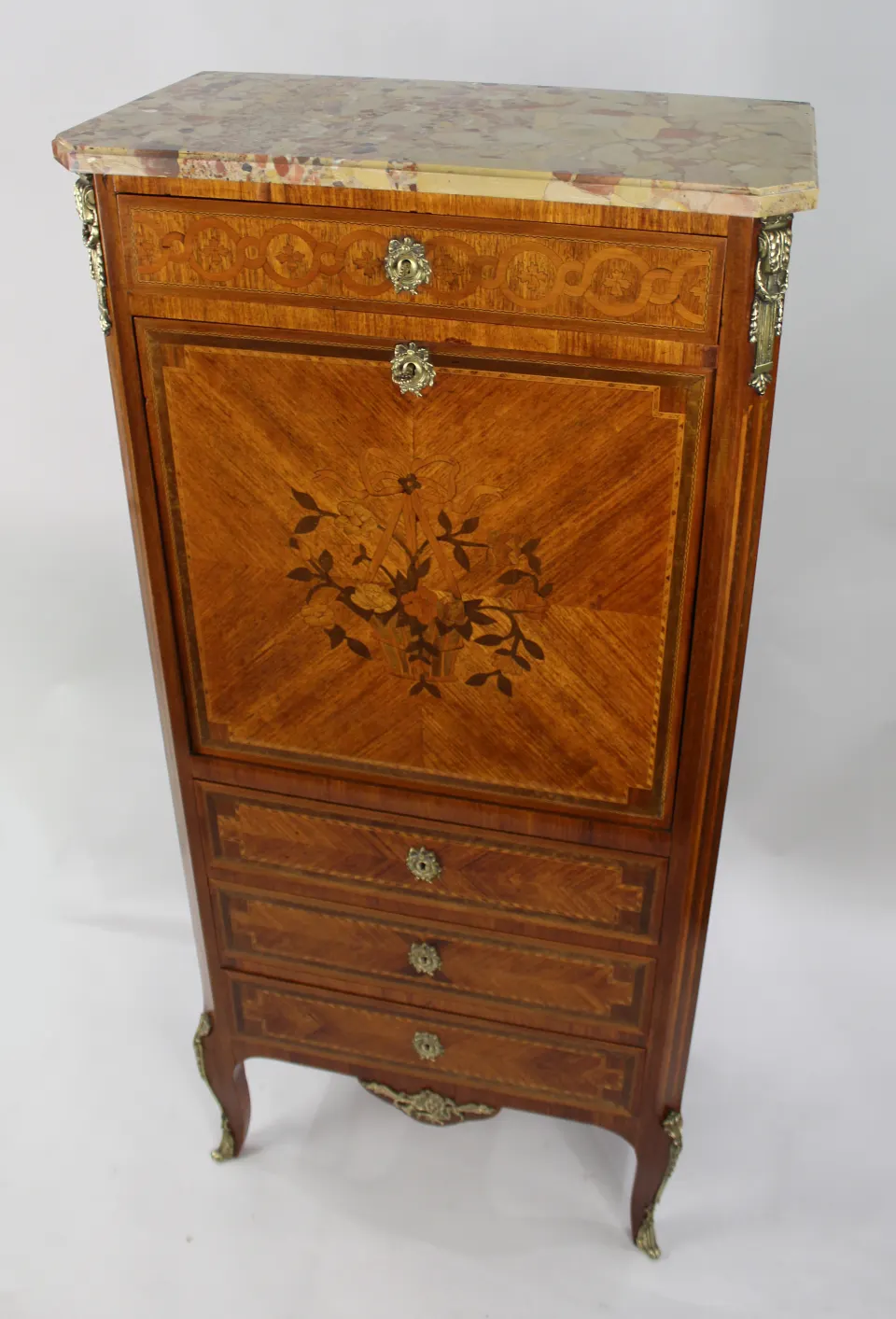 19th c. French Marble Topped Inlaid Escritoire