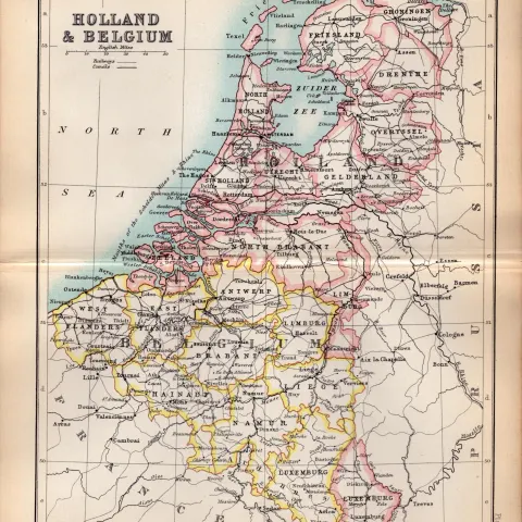 Holland & Belgium Double Sided Coloured Antique 1896 Map.