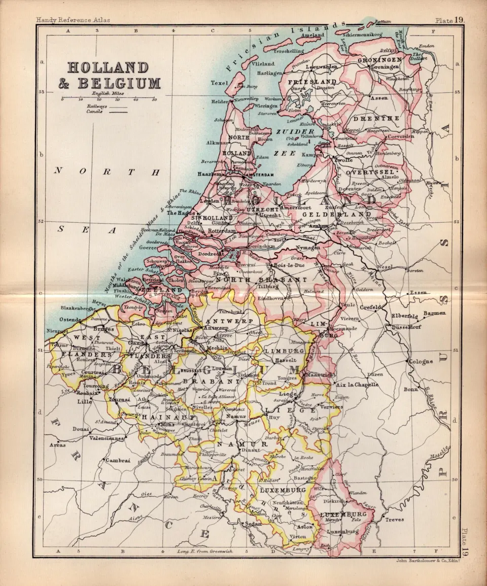 Holland & Belgium Double Sided Coloured Antique 1896 Map.