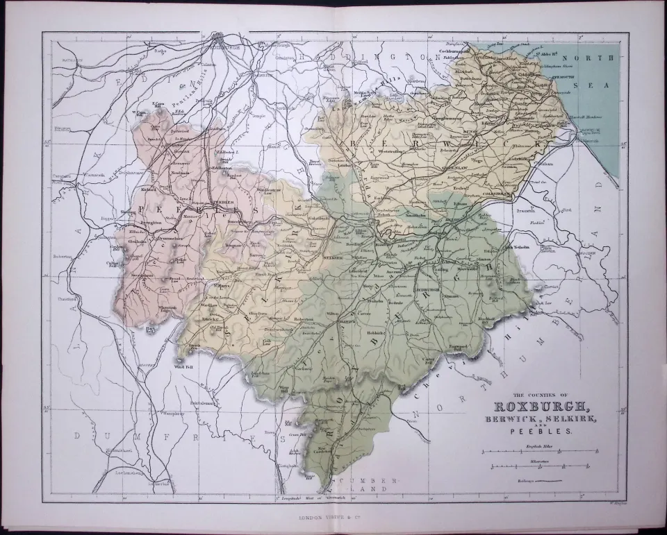 Roxburgh, Berwick, Selkirk Scotland 150 Years-Old Antique 1875 Map-11