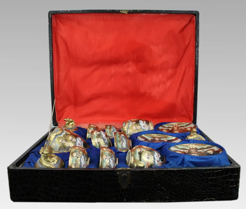 Japanese Moriage Dragonware Tea Set with Arhats – c.1950, Original Case