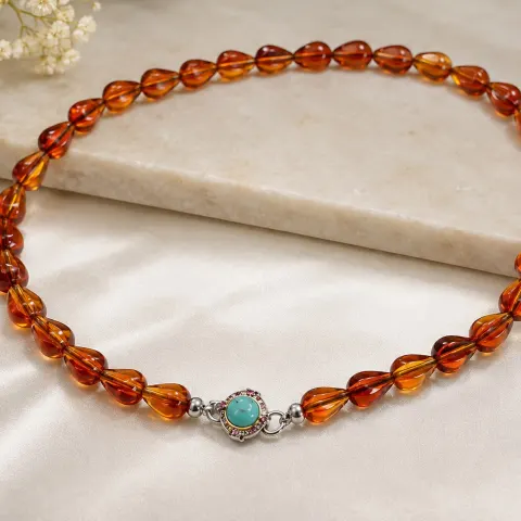 Amber-Colour Teardrop Bead Necklace – Elasticated