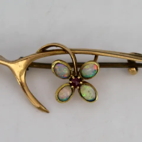 Victorian 15ct Gold Natural Cabochon Opal & Ruby Lucky Wishbone Brooch