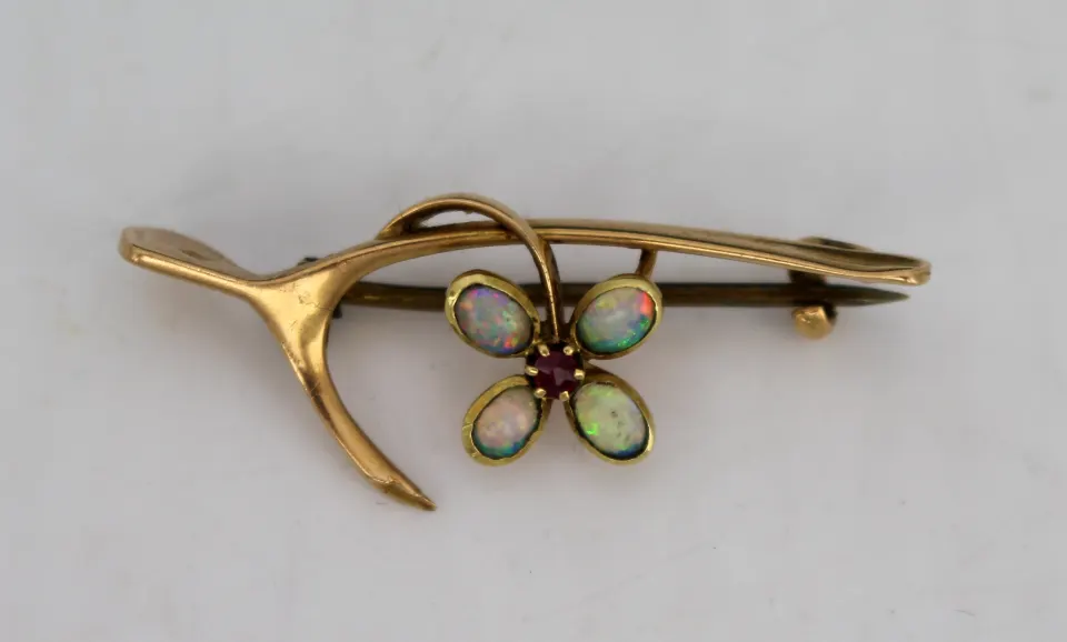 Victorian 15ct Gold Natural Cabochon Opal & Ruby Lucky Wishbone Brooch