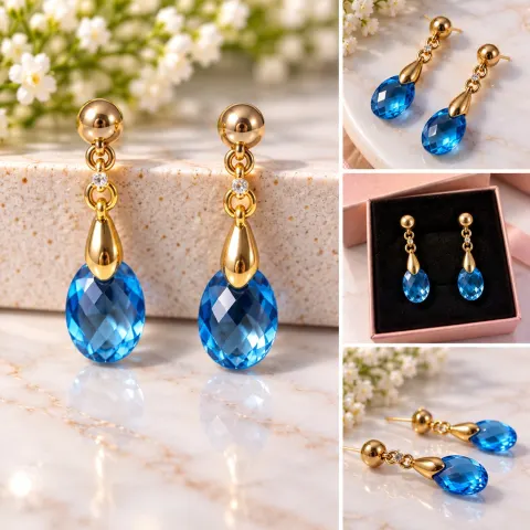 Gold Tone Drop Earrings with Blue Faceted Stones