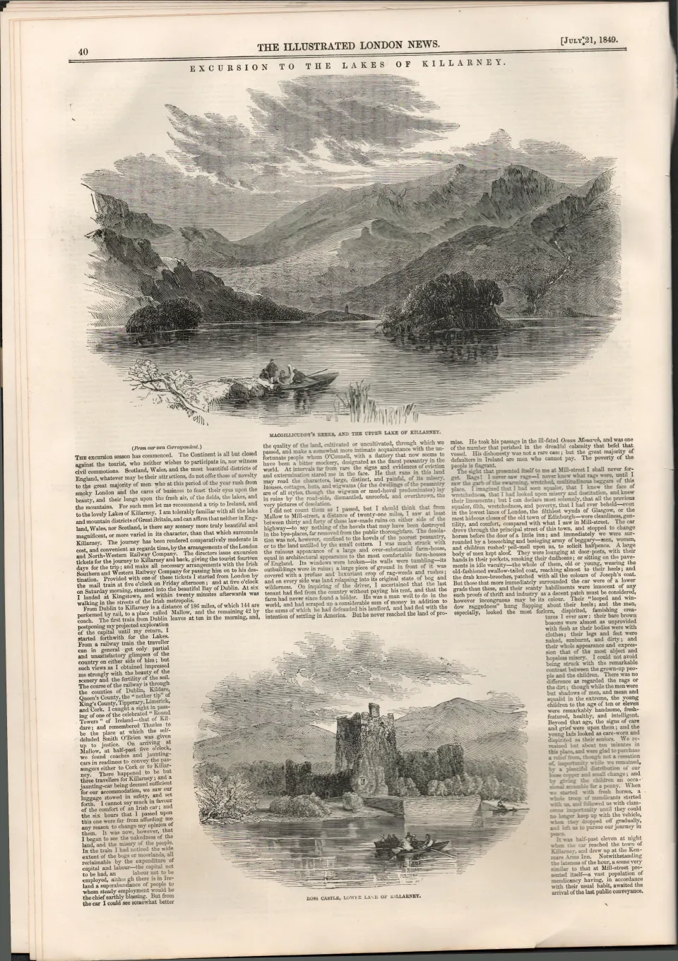 Excursion To The Lakes of Killarney  1849 Antique Woodgrain Print