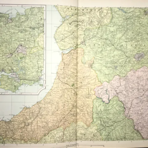Coloured Antique Large Map South Wales GW Bacon 1904.