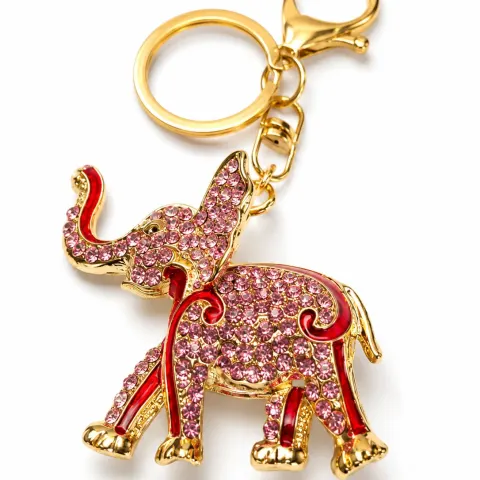 Pink Crystal Elephant Keyring - Gold Tone