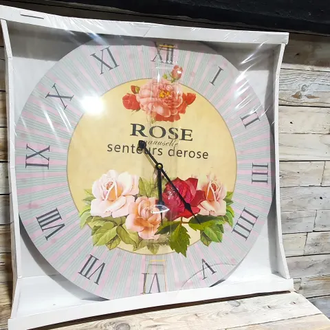 Printed Wooden Clock 60cm Across. 'Senteurs derose' Rrp £30