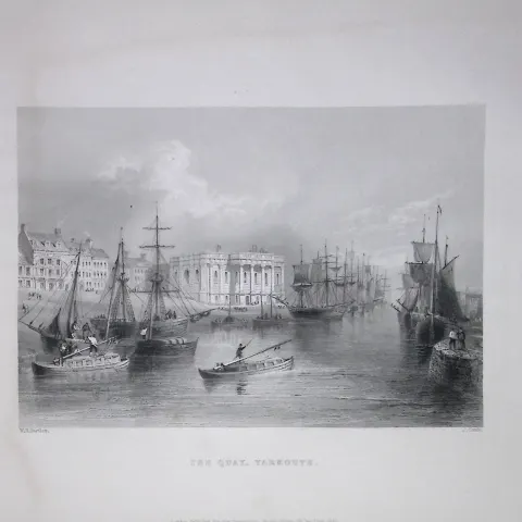 Yarmouth The Quayside WH Bartlett 1842 Antique Steel Engraving-203 This Steel Engraved Print Has Bee