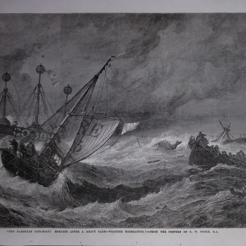 Ramsgate Lifeboat In Heavy Gale 1864 Antique Woodcut Engraving.