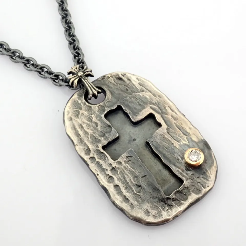 Cross Necklace Detailed With Brilliant Diamonds and 18K Gold On Silver
