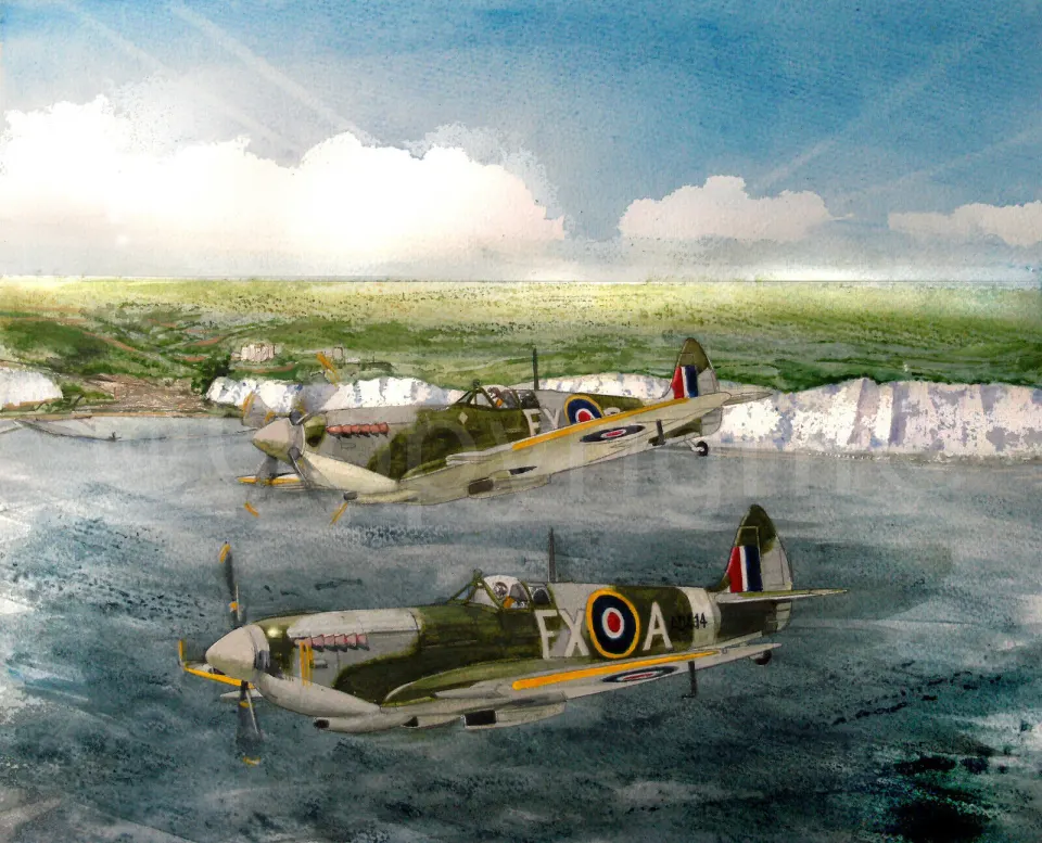 Pair of WW2 RAF Spitfires Flying Over The White Cliffs Of Dover Metal Wall Art