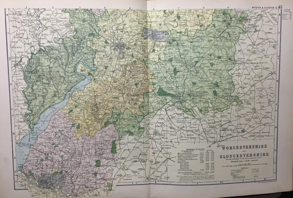 Coloured Antique Large Map Worcs & Glos South  GW Bacon 1904.